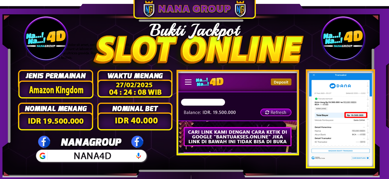 Bukti Kemenangan Besar Dibayar lunas Member NANA4D RP 19.500.000, 27 Februari 2025