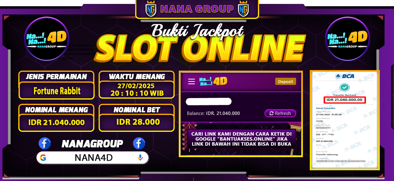 Bukti Kemenangan Besar Dibayar lunas Member NANA4D RP 21.040.000, 27 Februari 2025