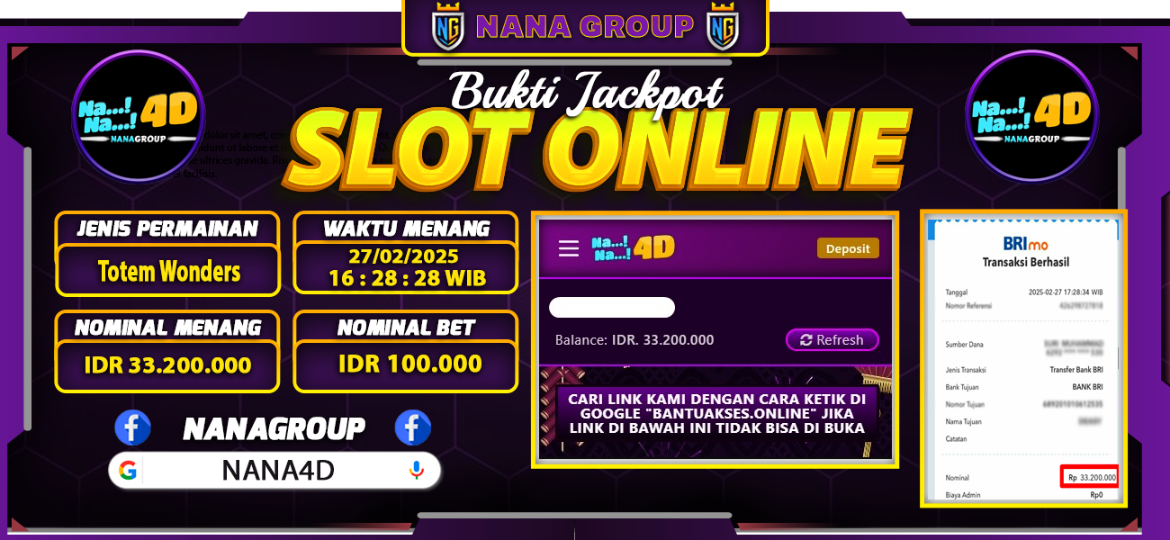 Bukti Kemenangan Besar Dibayar lunas Member NANA4D RP 33.200.000, 27 Februari 2025