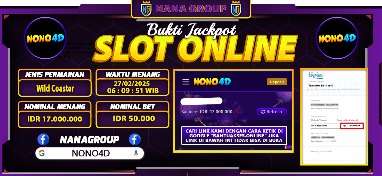 Bukti Kemenangan Besar Dibayar lunas Member NONO4D RP 17.000.000, 27 Februari 2025