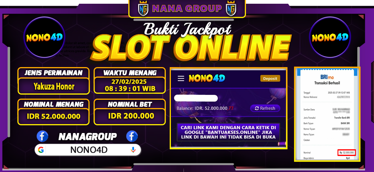 Bukti Kemenangan Besar Dibayar lunas Member NONO4D RP 52.000.000, 27 Februari 2025